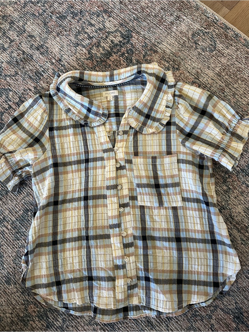 Pilcro Ruffled Collar Plaid Button-Up in Blue, Brown & Cream